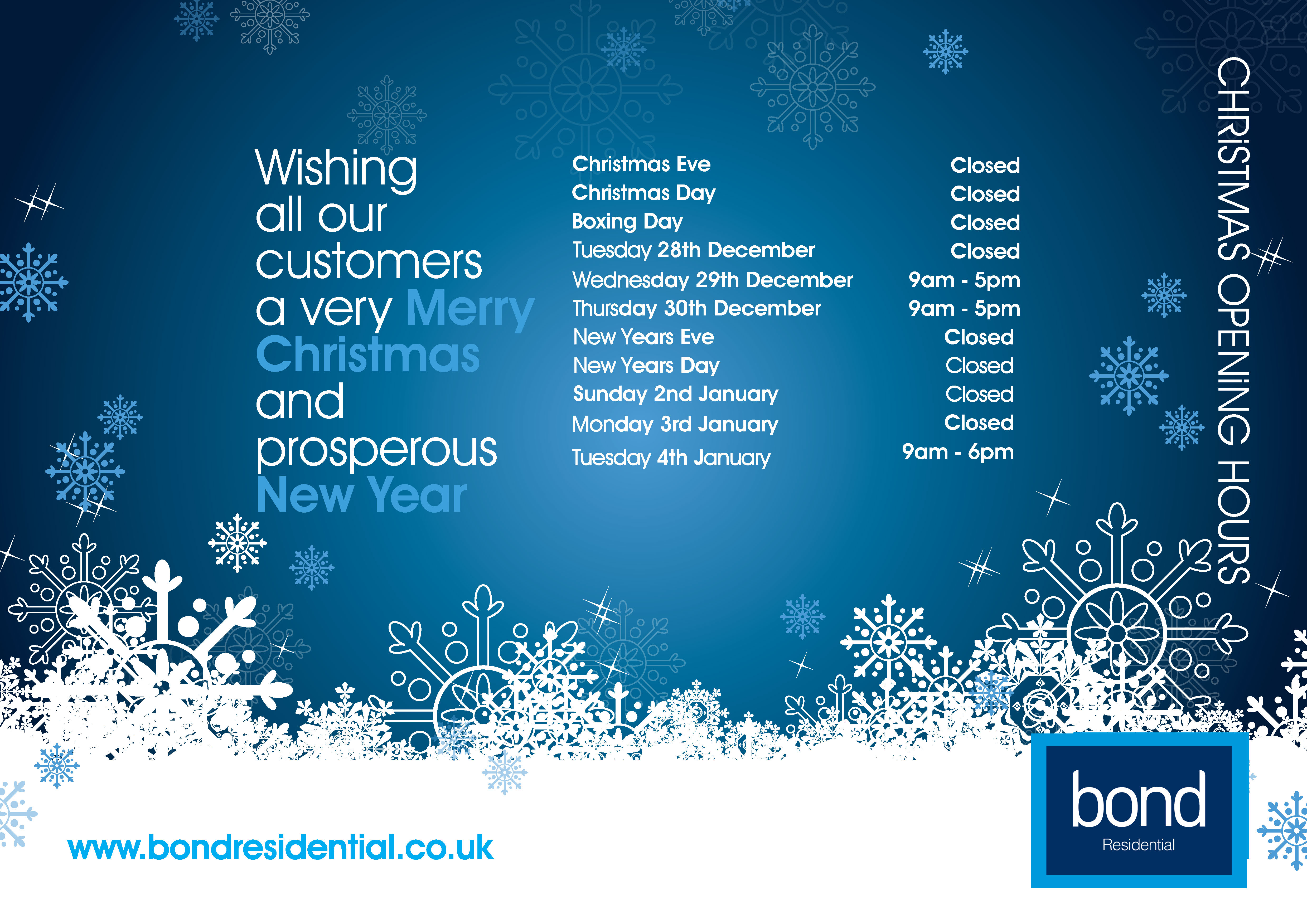 Chelmsford Christmas Opening Hours Bond Residential